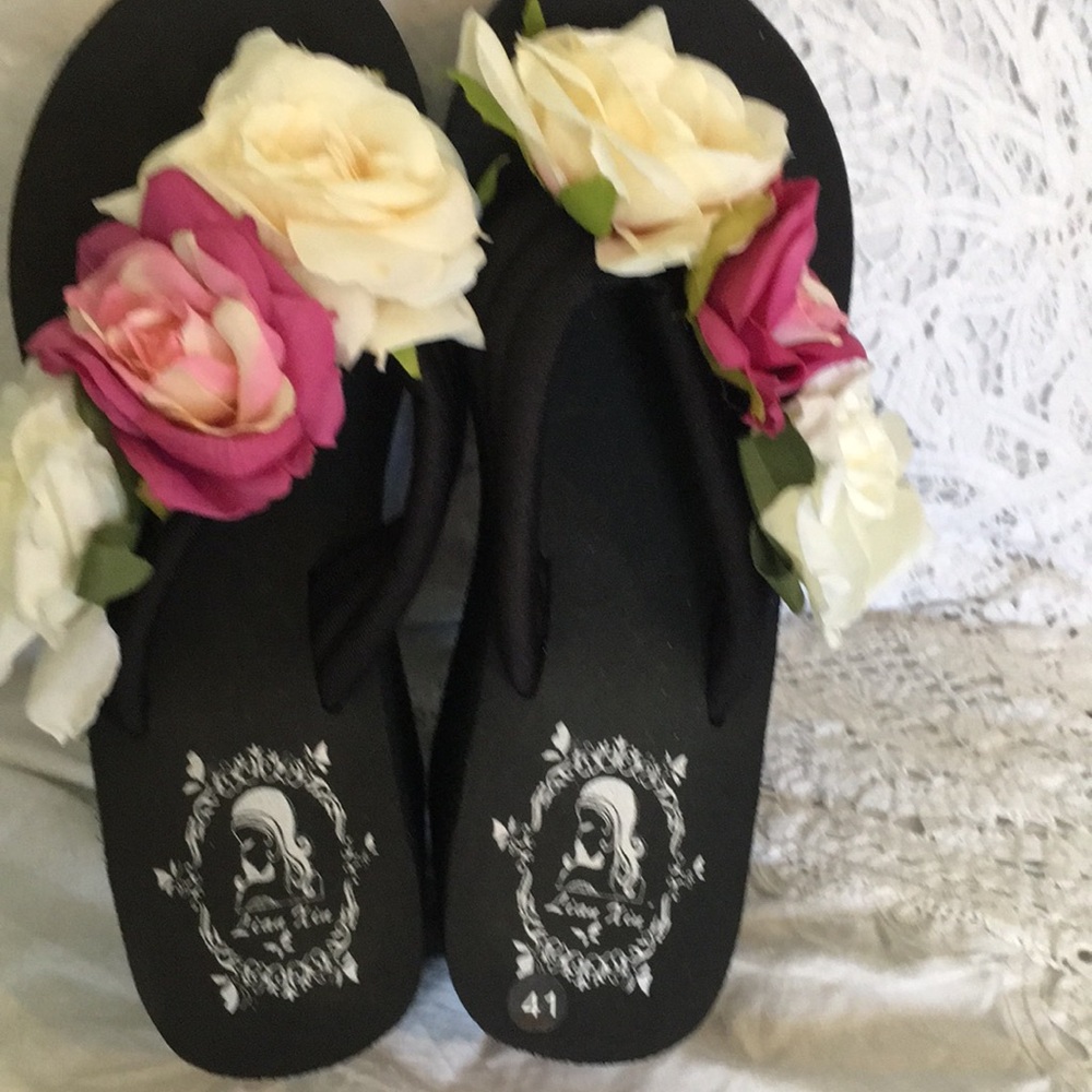 Floral Black Women's Flip Flops with Pink & Cream Roses